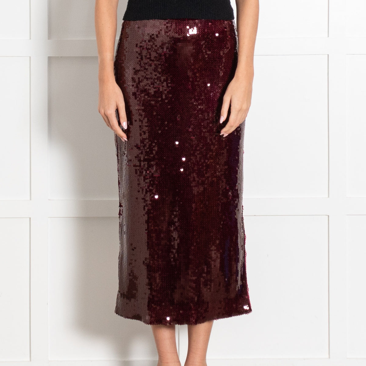 Malina Burgundy Sequin Midi Skirt - Image 2