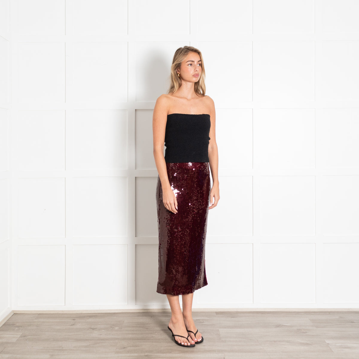 Malina Burgundy Sequin Midi Skirt - Image 7