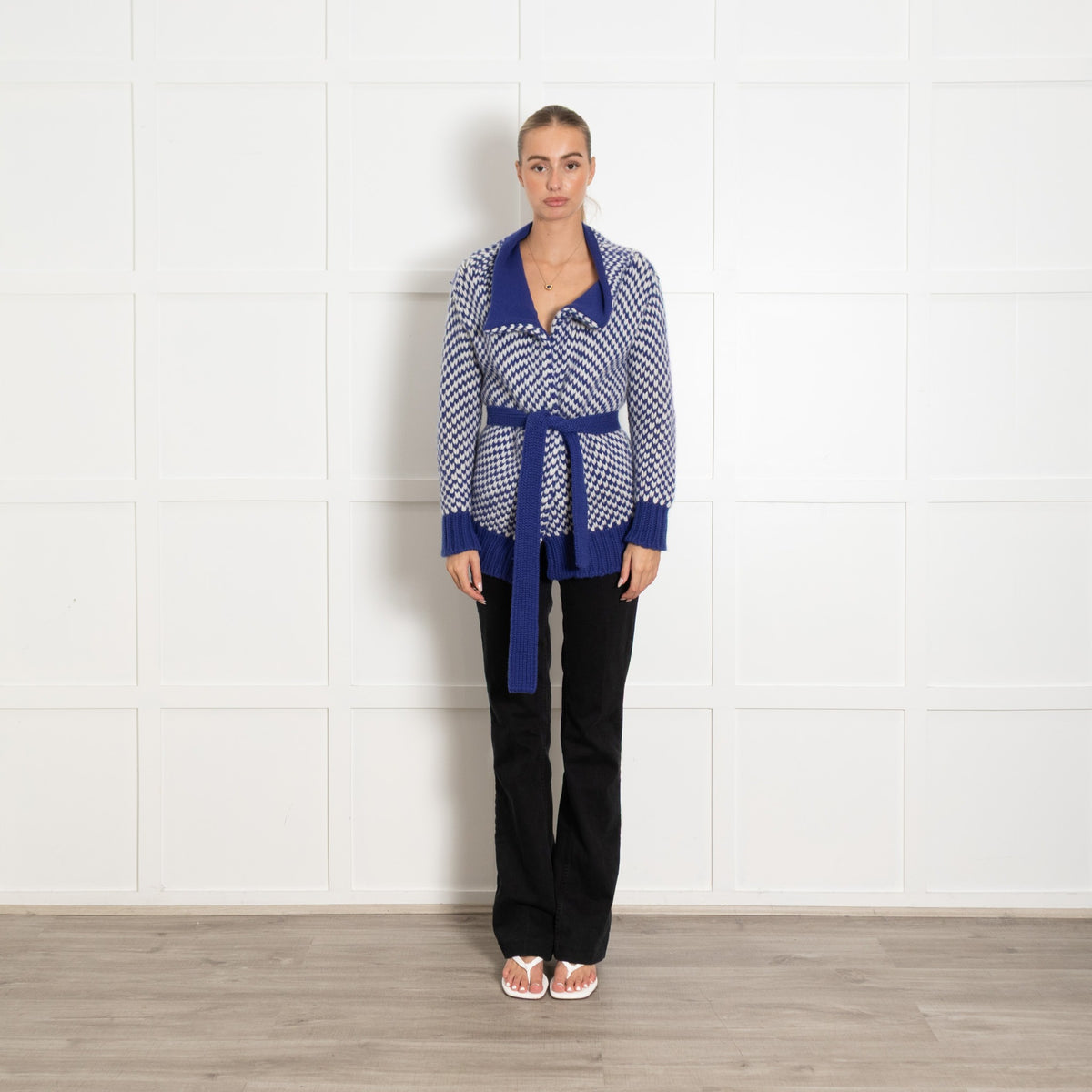 Malo Blue White Chunky Knit Belted Cashmere Cardigan - Image 1