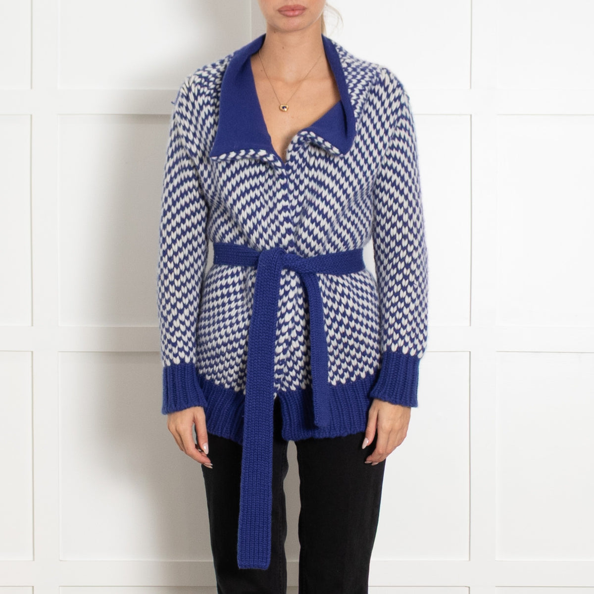 Malo Blue White Chunky Knit Belted Cashmere Cardigan - Image 2