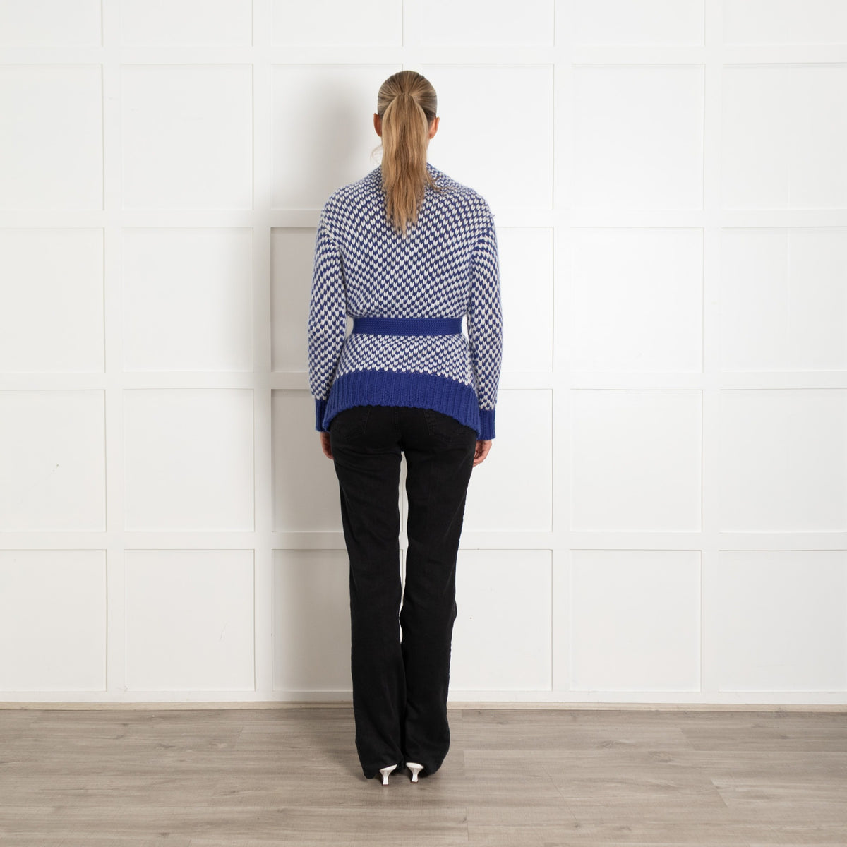 Malo Blue White Chunky Knit Belted Cashmere Cardigan - Image 5