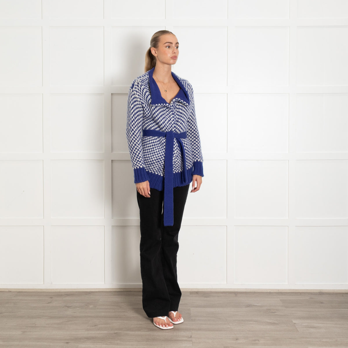 Malo Blue White Chunky Knit Belted Cashmere Cardigan - Image 7