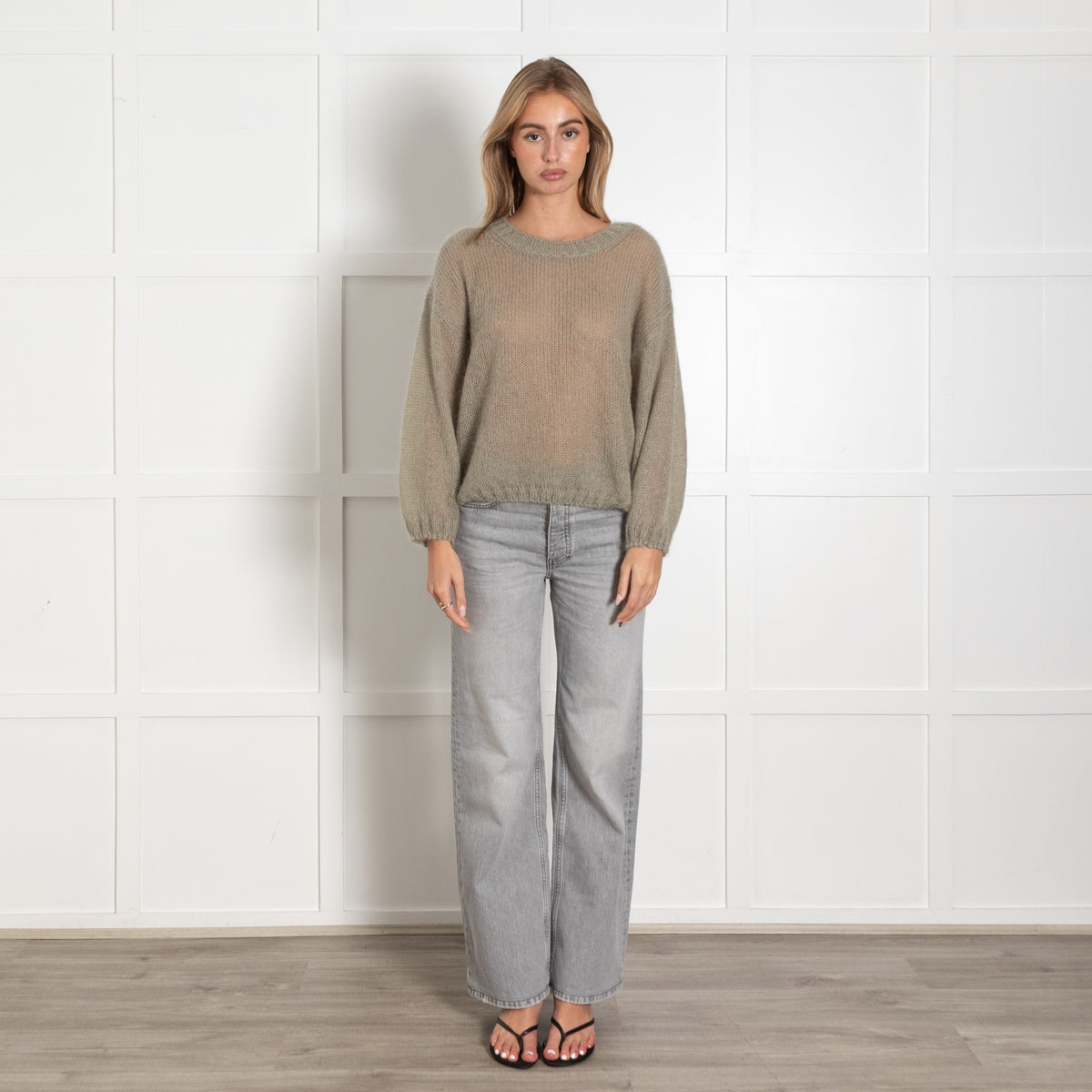 Marella Light Sage Green Oversized Knit Crewneck Sweater - Image 1