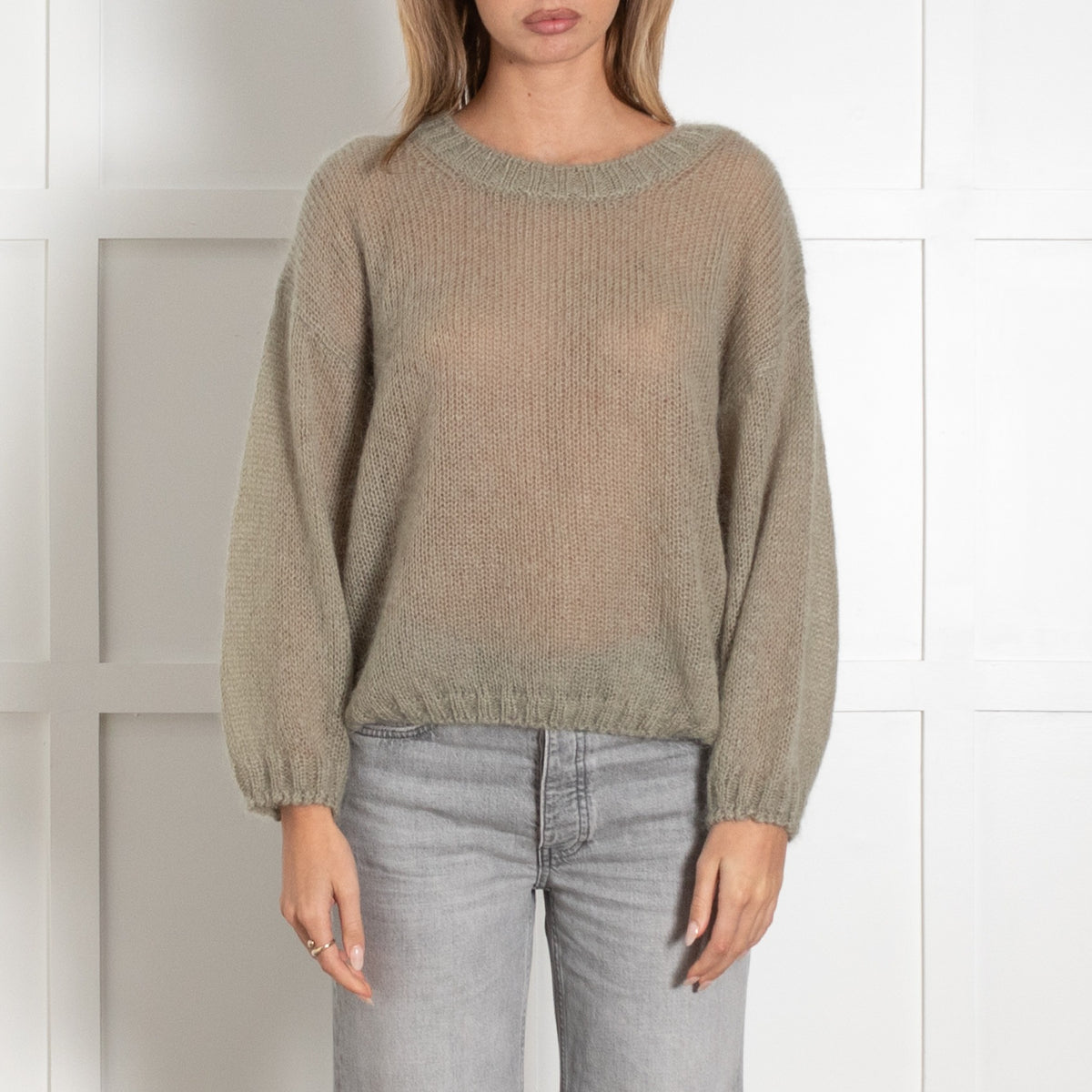 Marella Light Sage Green Oversized Knit Crewneck Sweater - Image 2