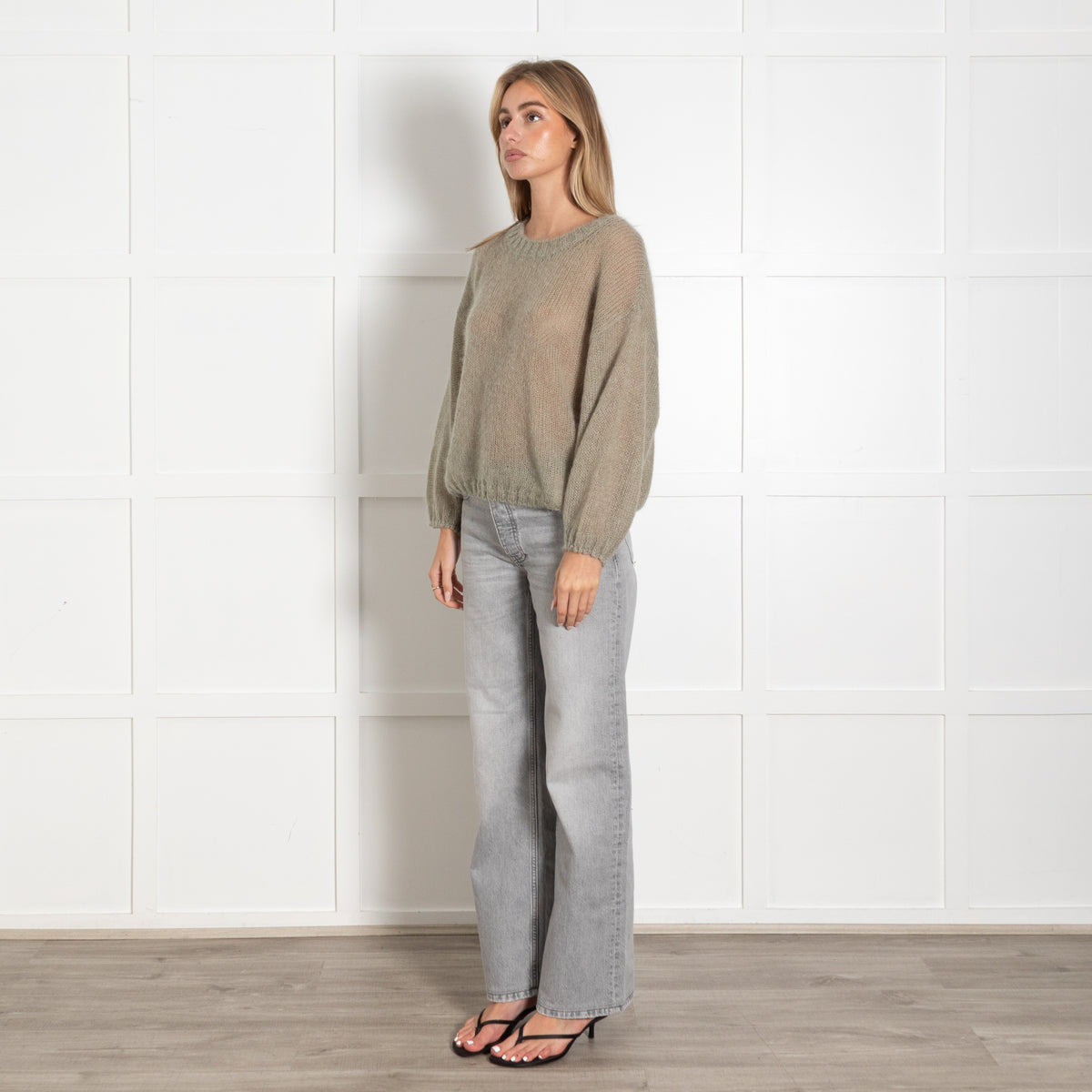 Marella Light Sage Green Oversized Knit Crewneck Sweater - Image 3