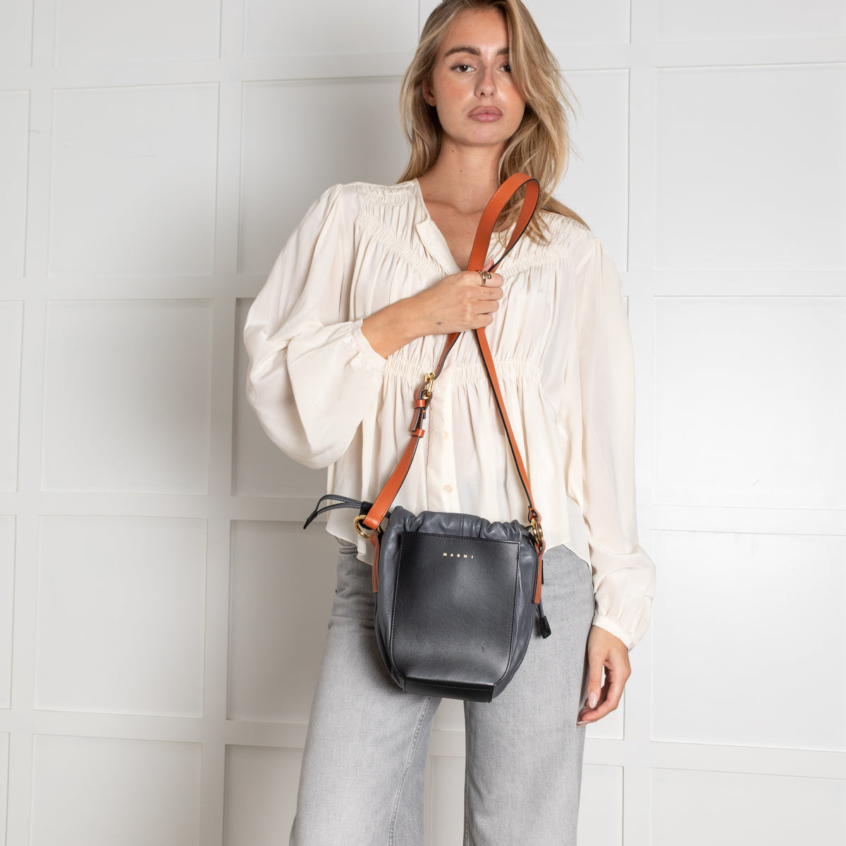Marni Gusset Leather Black, Grey & Orange Bag - Image 3