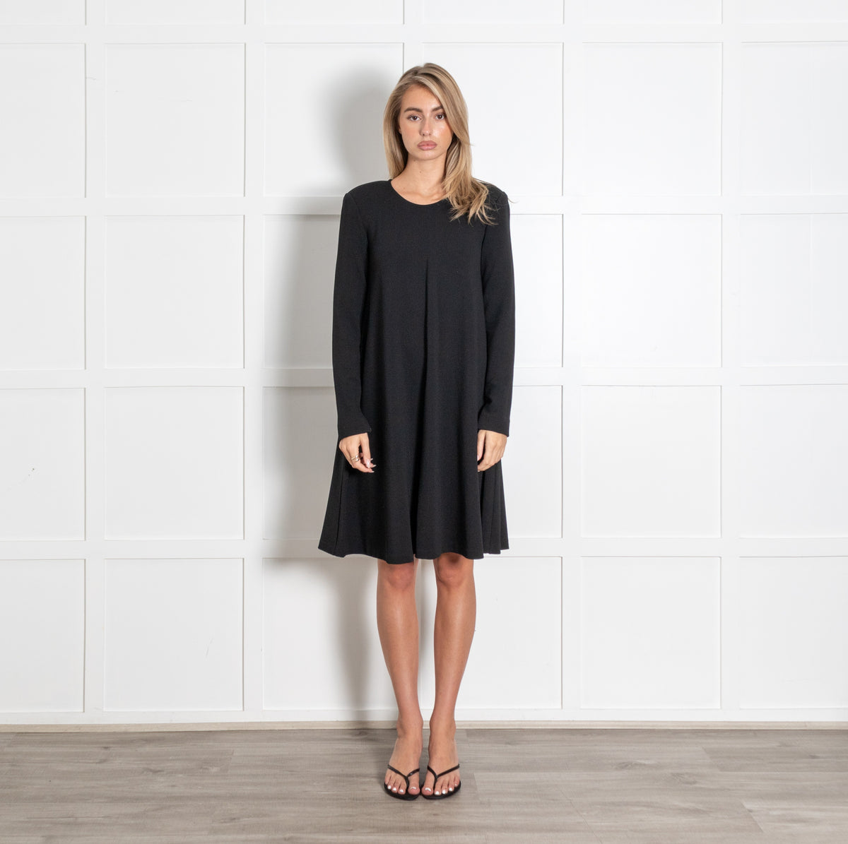 Black Long Sleeve Textured Knit A-Line Dress - Image 1