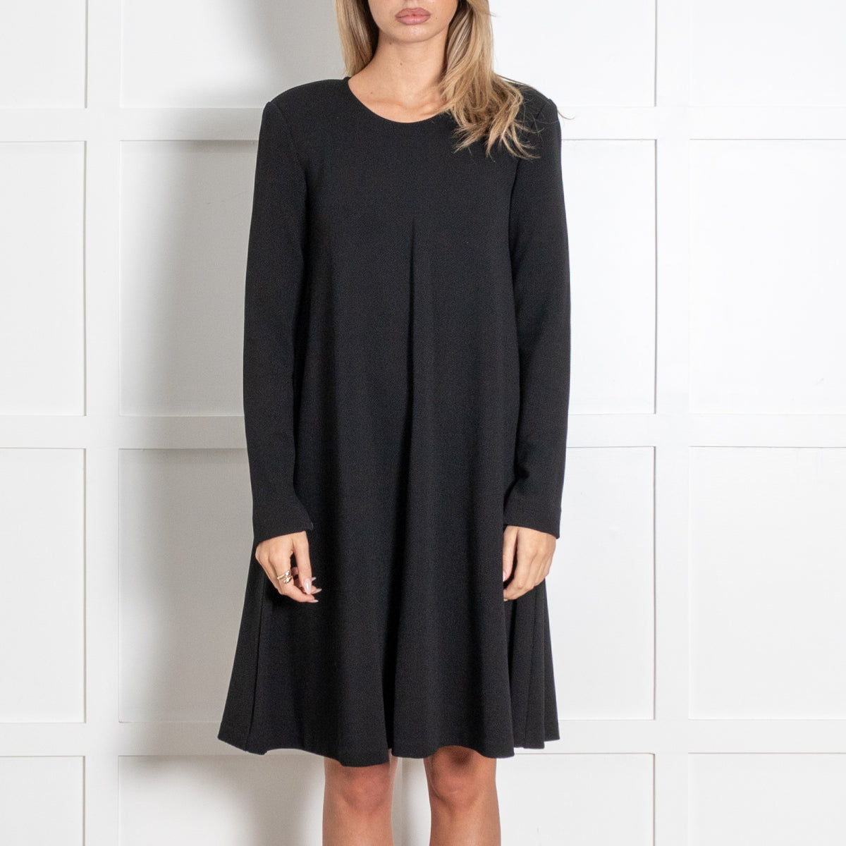 Black Long Sleeve Textured Knit A-Line Dress - Image 2