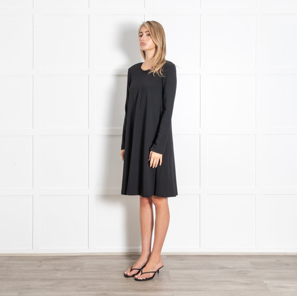 Black Long Sleeve Textured Knit A-Line Dress - Image 3