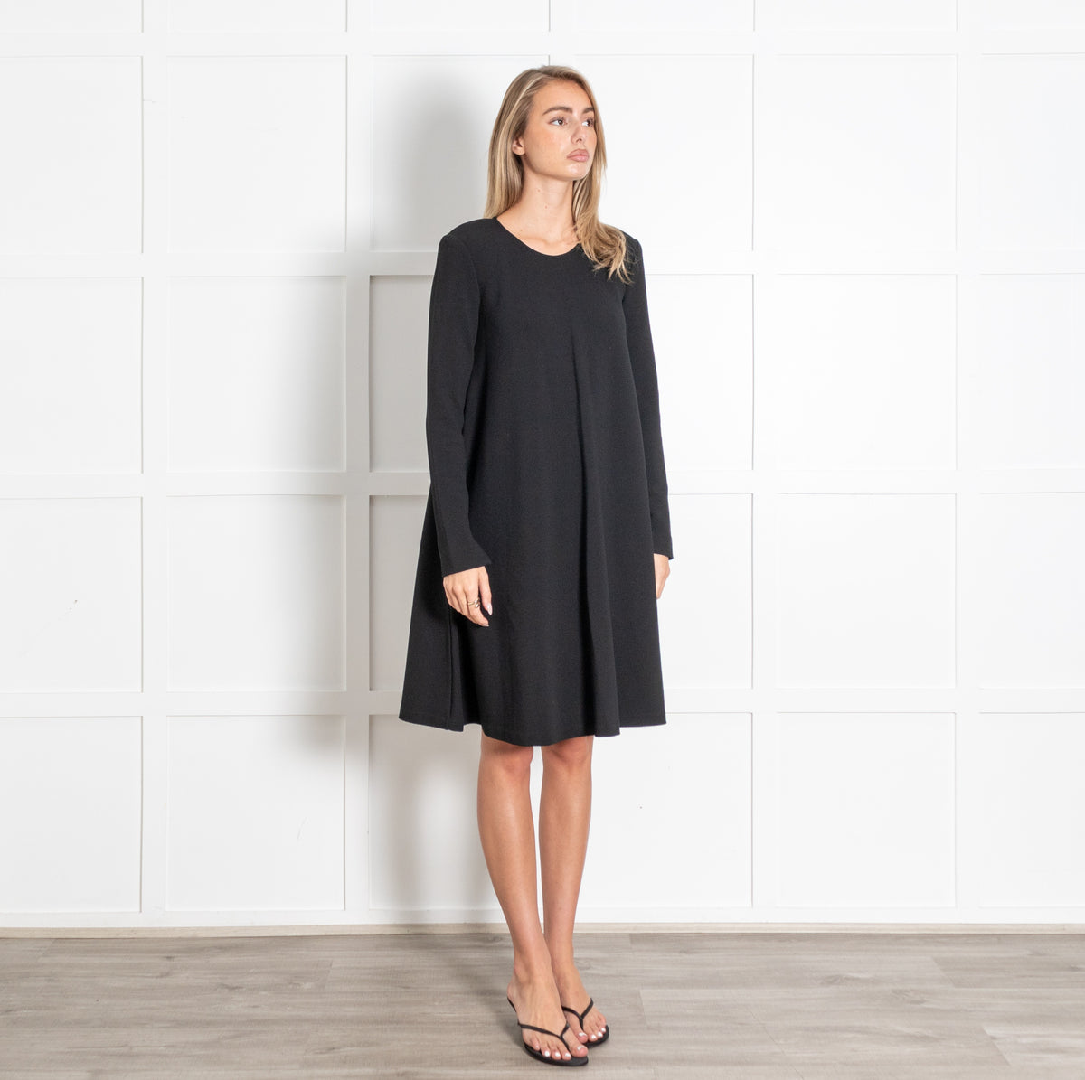 Black Long Sleeve Textured Knit A-Line Dress - Image 7