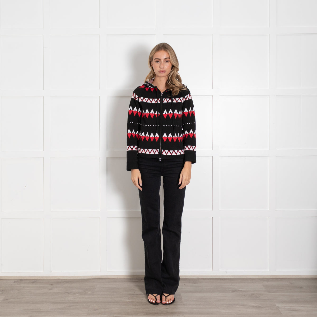 Max Mara Black Red White Knitted Zip Up Hoodie UK 10 - Image 1