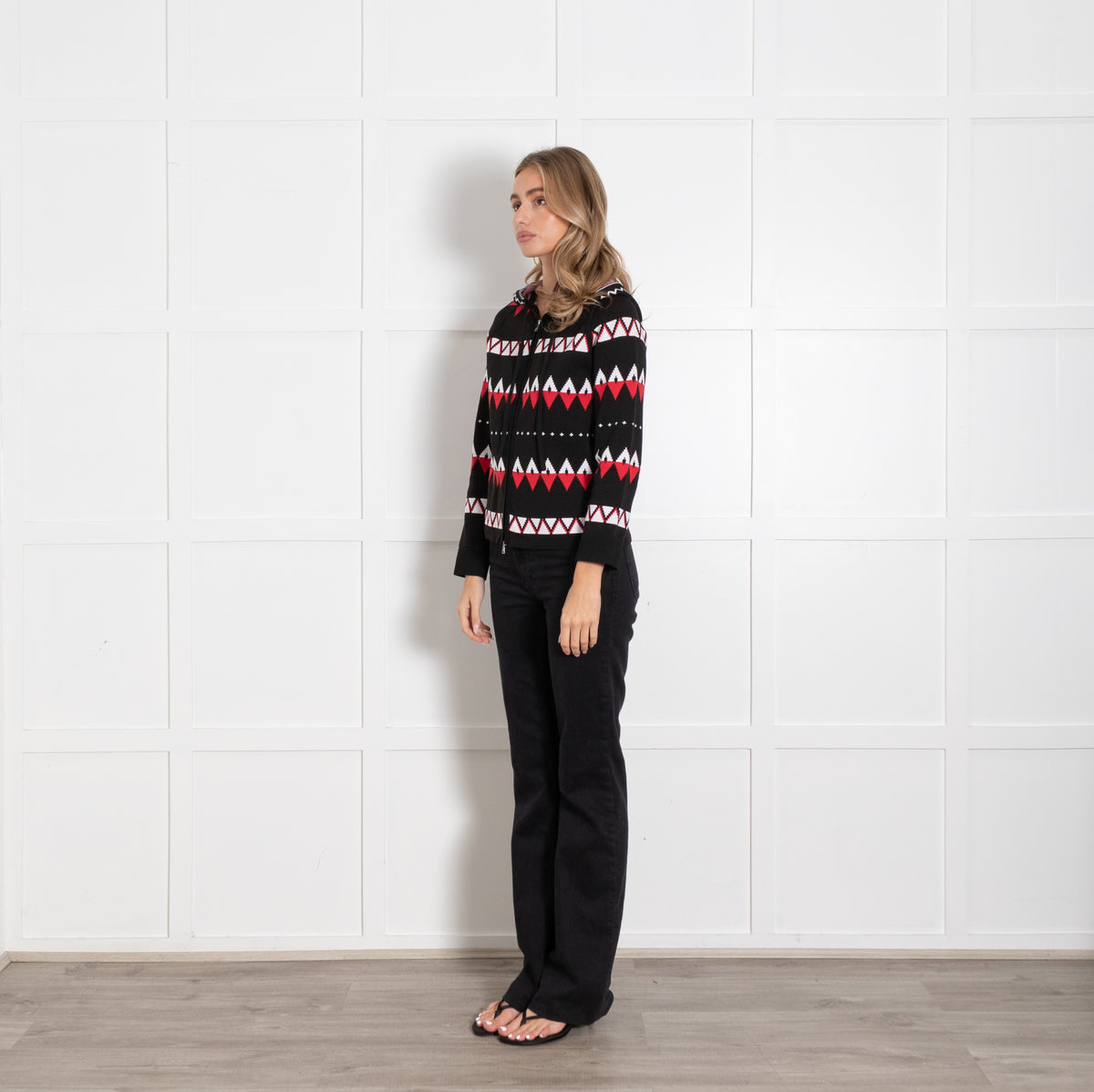 Max Mara Black Red White Knitted Zip Up Hoodie UK 10 - Image 3