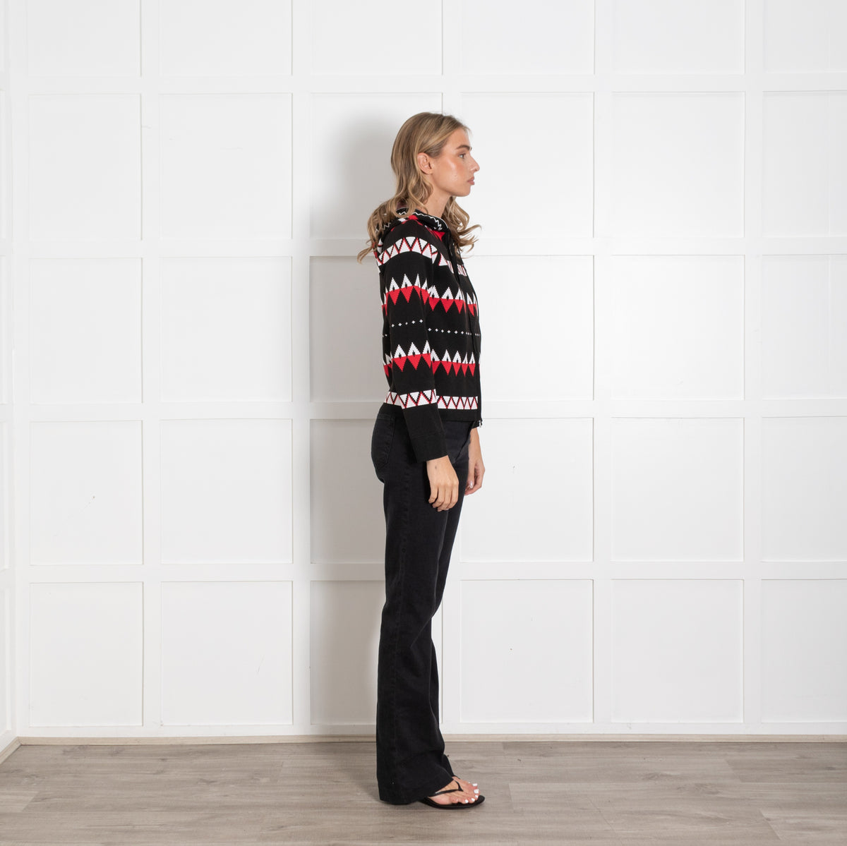 Max Mara Black Red White Knitted Zip Up Hoodie UK 10 - Image 6