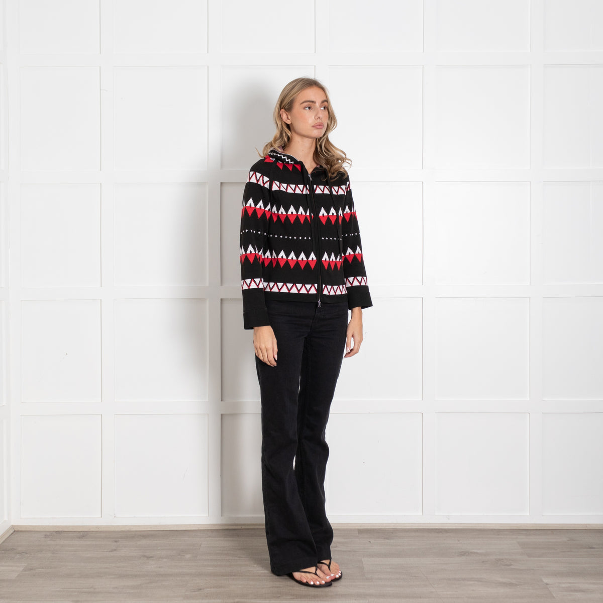 Max Mara Black Red White Knitted Zip Up Hoodie UK 10 - Image 7