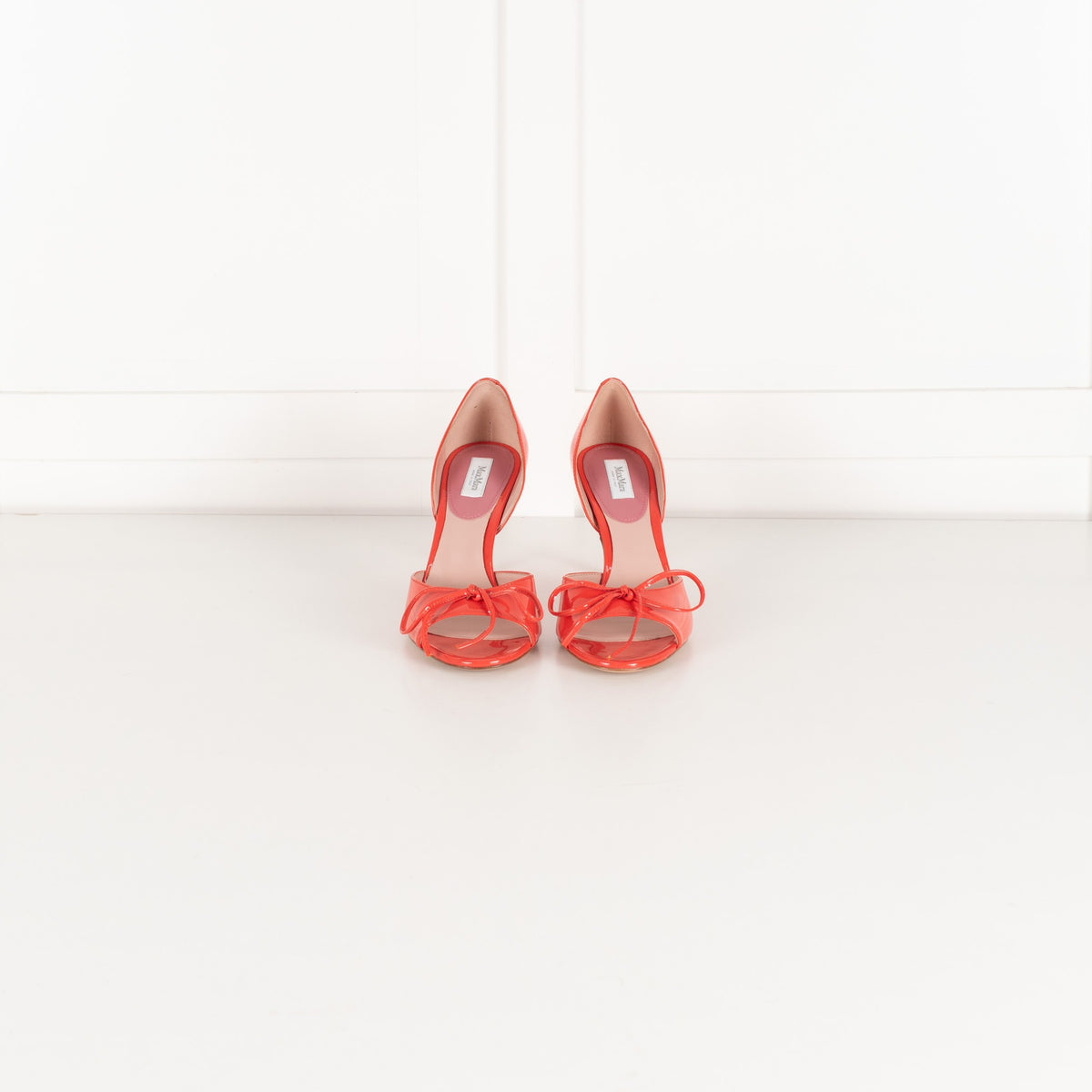 Max Mara Coral Red Patent Leather Peep Toe Bow Heeled Shoes - Image 2