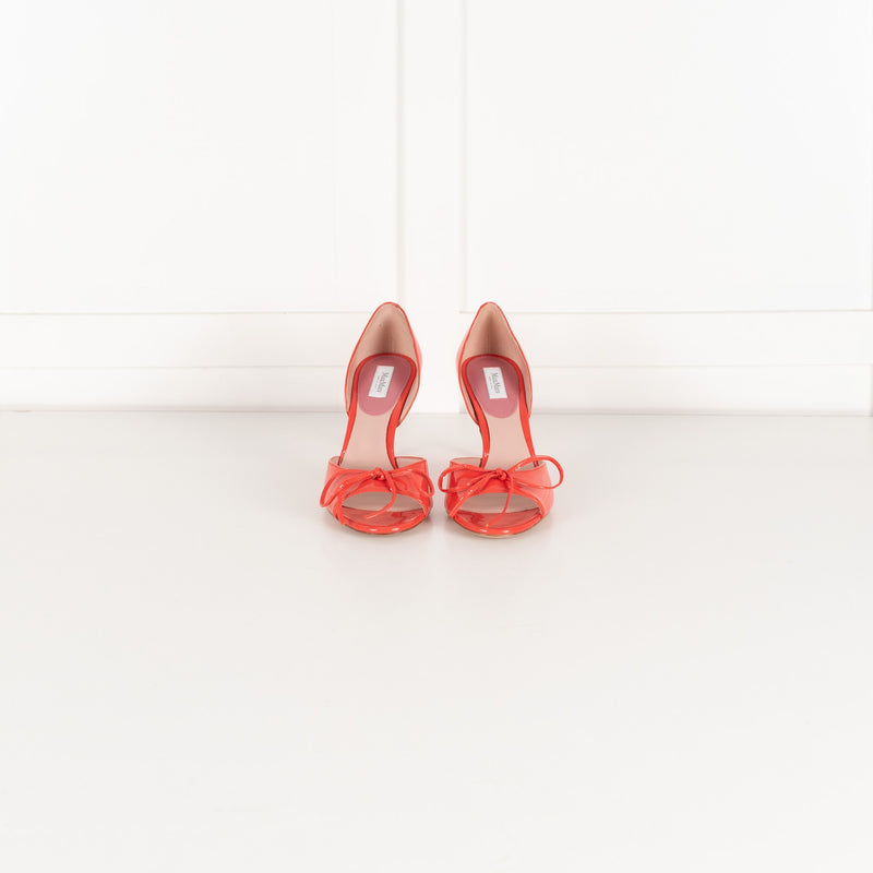 Max Mara Coral Red Patent Leather Peep Toe Bow Heeled Shoes - Image 2