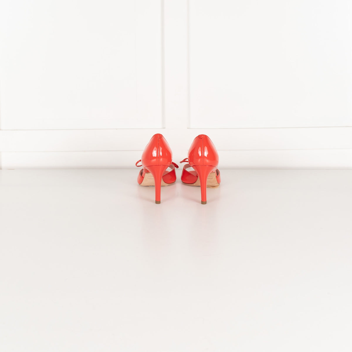 Max Mara Coral Red Patent Leather Peep Toe Bow Heeled Shoes - Image 4
