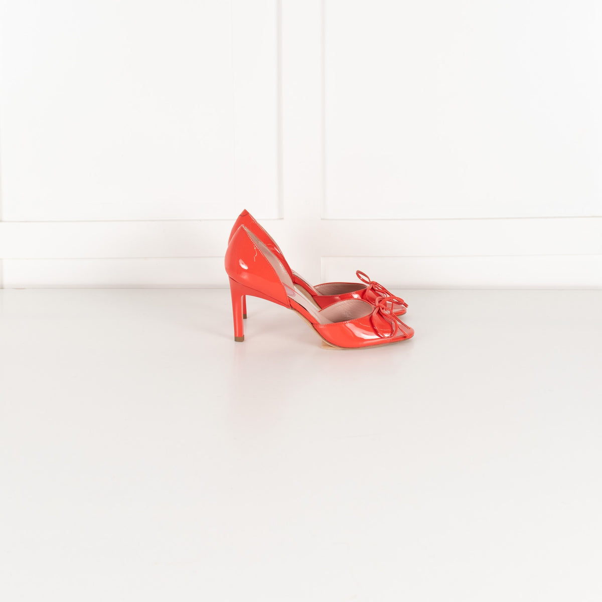 Max Mara Coral Red Patent Leather Peep Toe Bow Heeled Shoes - Image 5