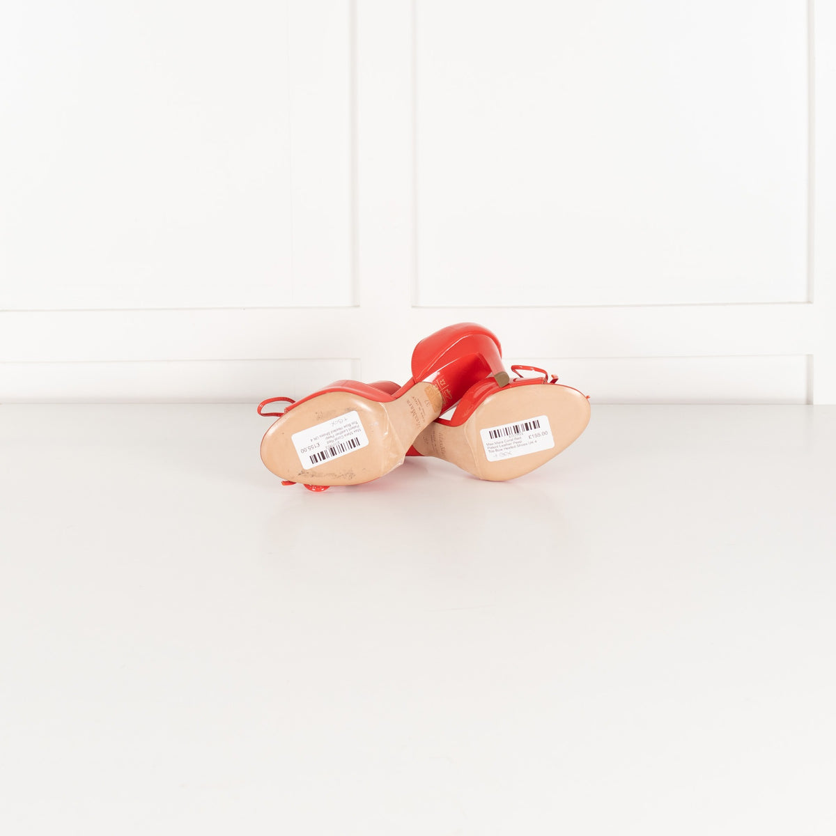 Max Mara Coral Red Patent Leather Peep Toe Bow Heeled Shoes - Image 7