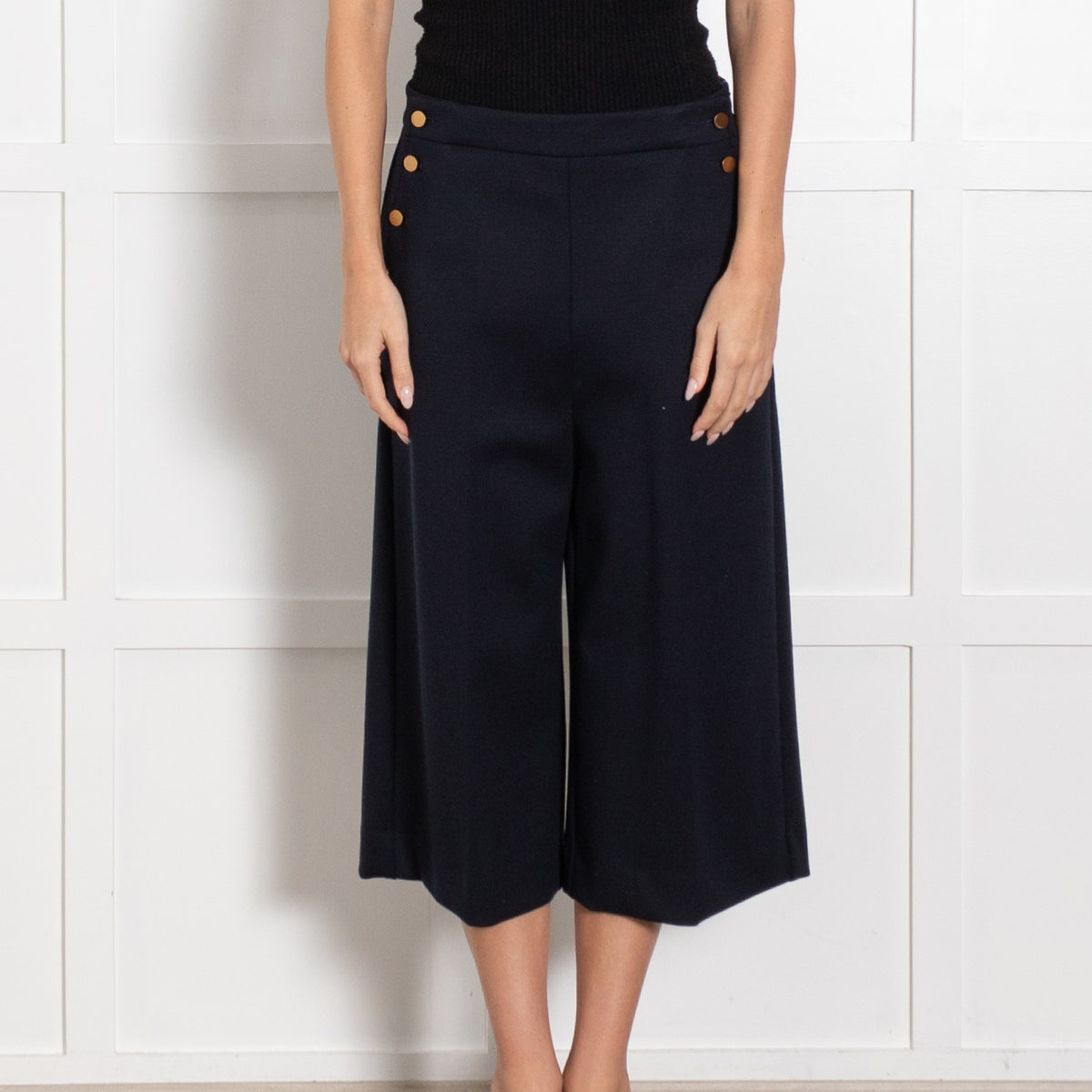 Max Mara Navy Gold Buttons Wool Blend Culottes - Image 2
