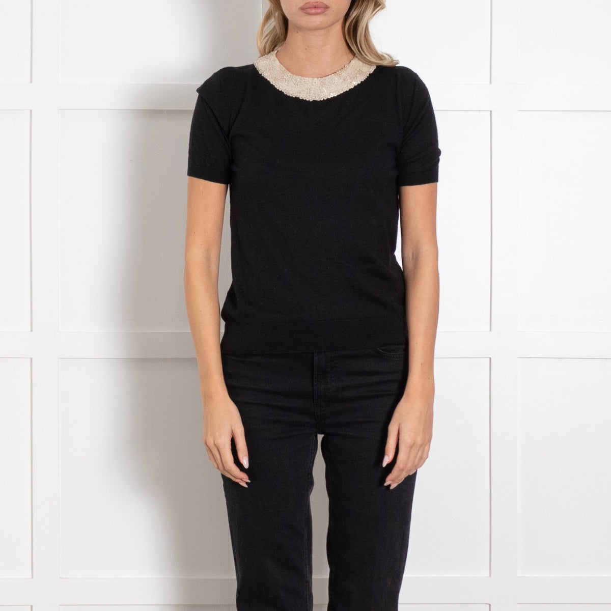 Max Mara Studio Black Cream Sequins Neck Wool Blend Knitted Top UK 8 - Image 2