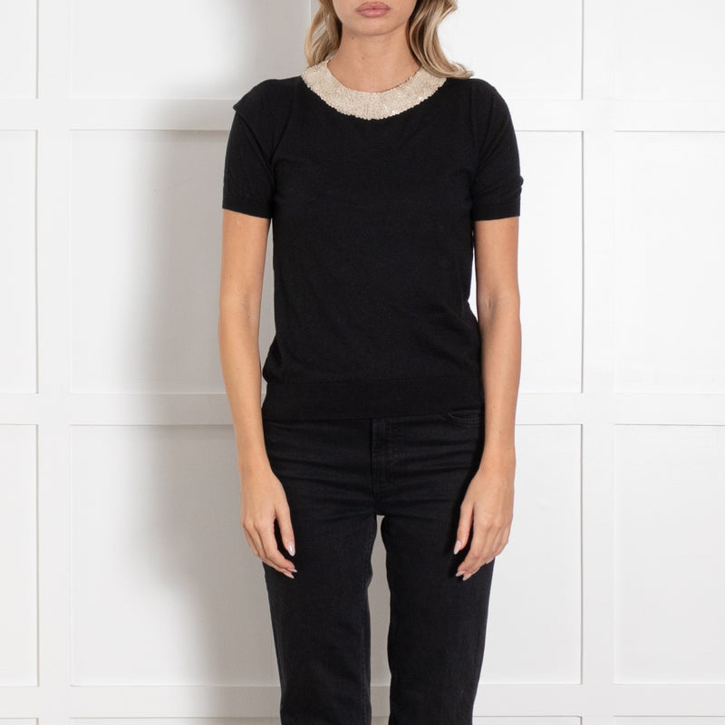Max Mara Studio Black Cream Sequins Neck Wool Blend Knitted Top UK 8 - Image 2