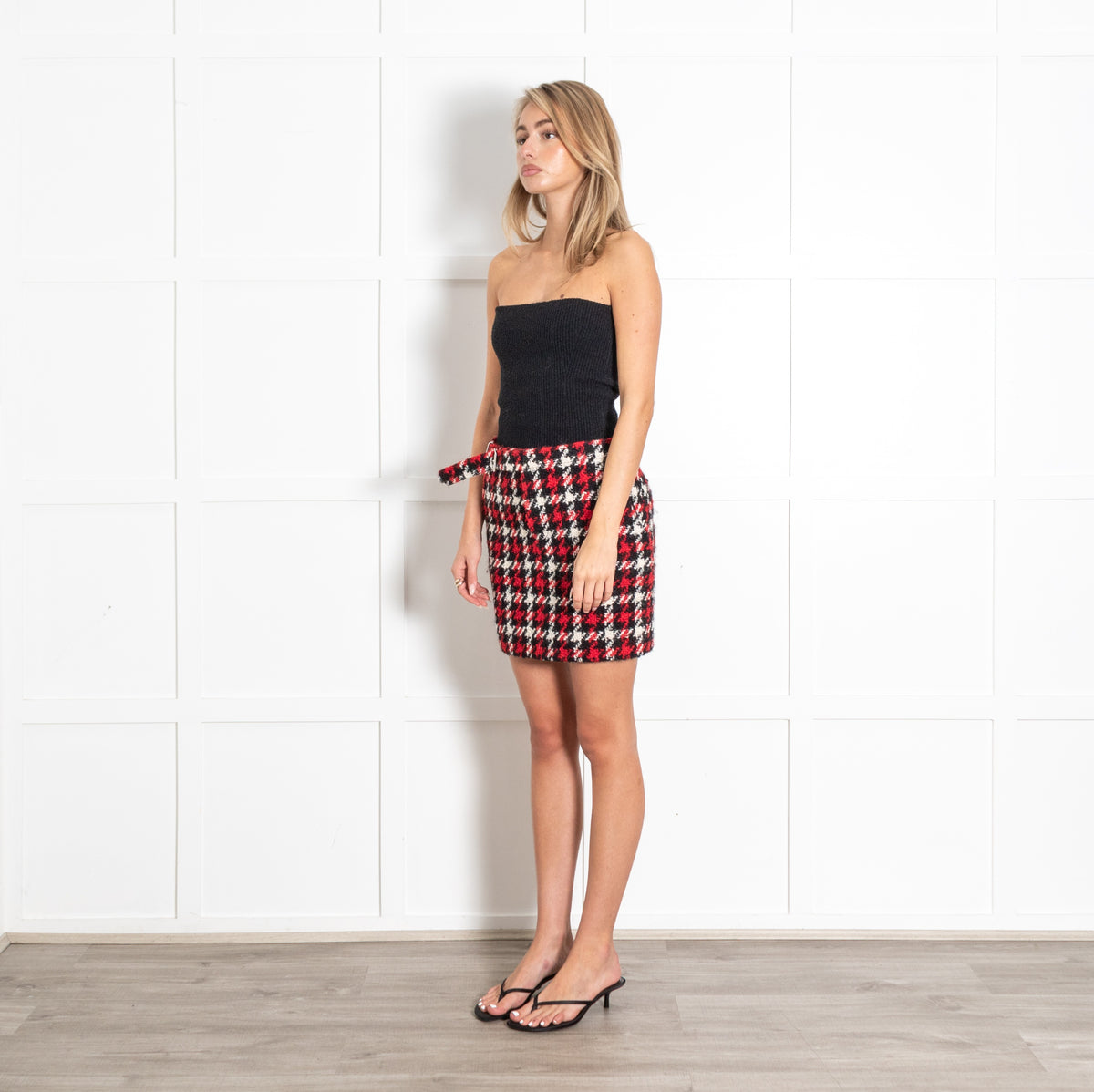 MCQ Red Black White Houndstooth Tweed Mini Skirt - Image 3