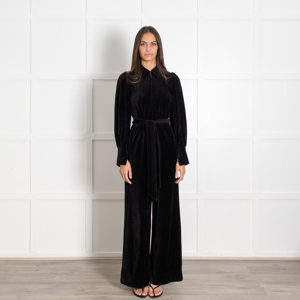 Me+ Em Black Velvet Long Sleeve Jumpsuit with Collar and Front Zipper - Image 1