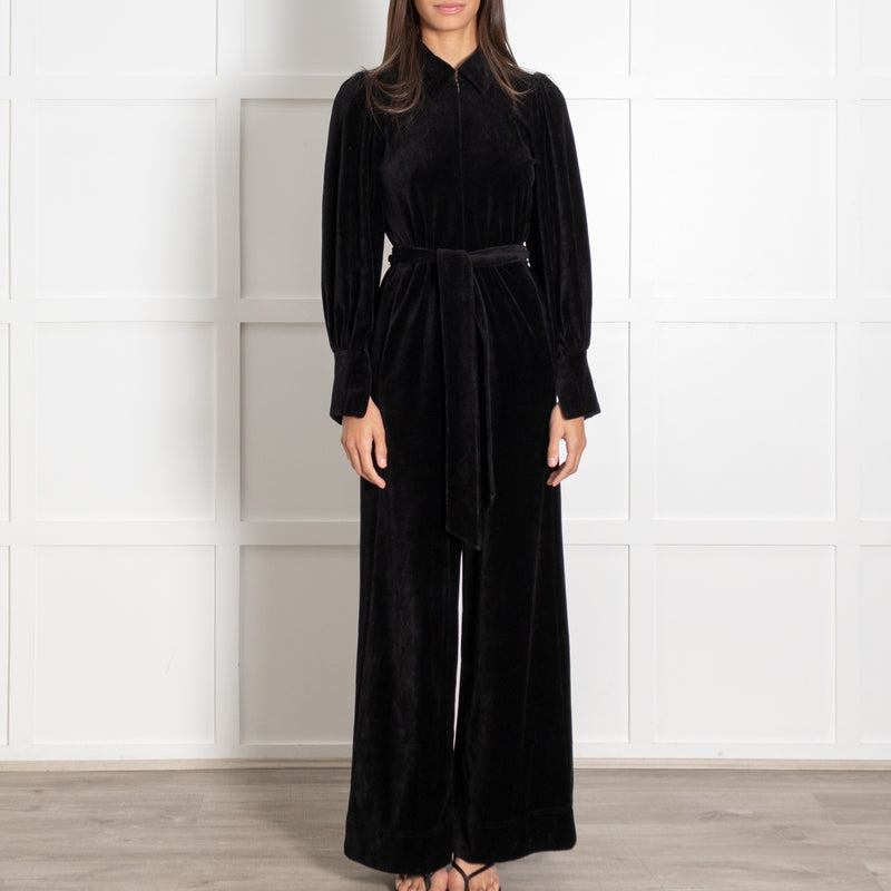 Me+ Em Black Velvet Long Sleeve Jumpsuit with Collar and Front Zipper - Image 2