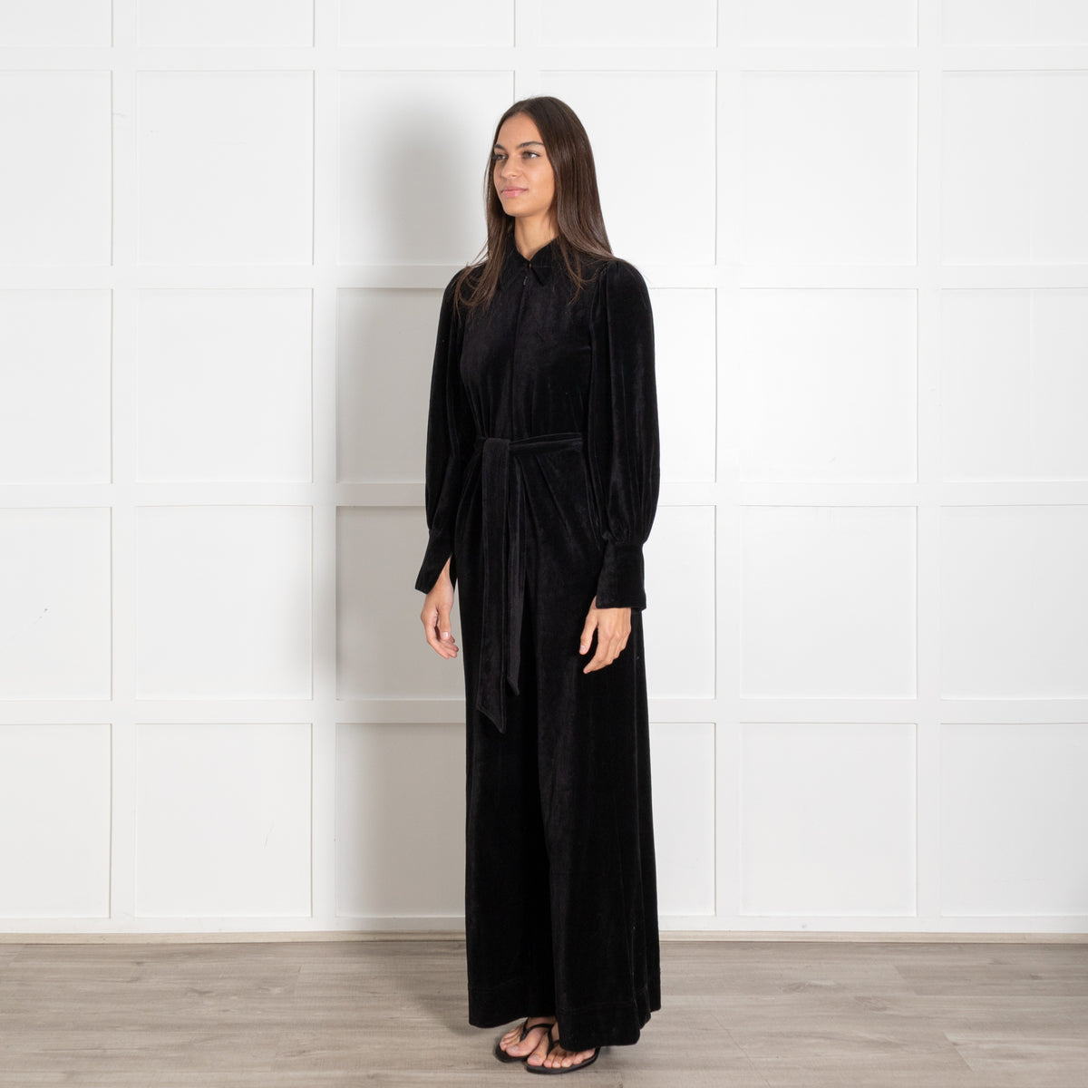 Me+ Em Black Velvet Long Sleeve Jumpsuit with Collar and Front Zipper - Image 3