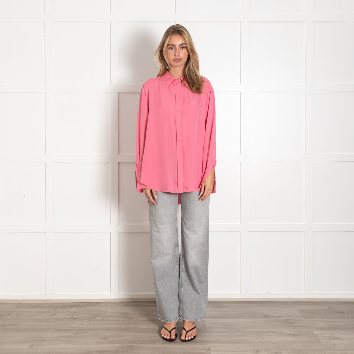 ME+Em Bright Pink Oversized Silk Button-Up Shirt - Image 1