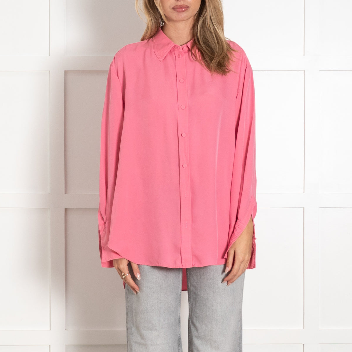ME+Em Bright Pink Oversized Silk Button-Up Shirt - Image 2