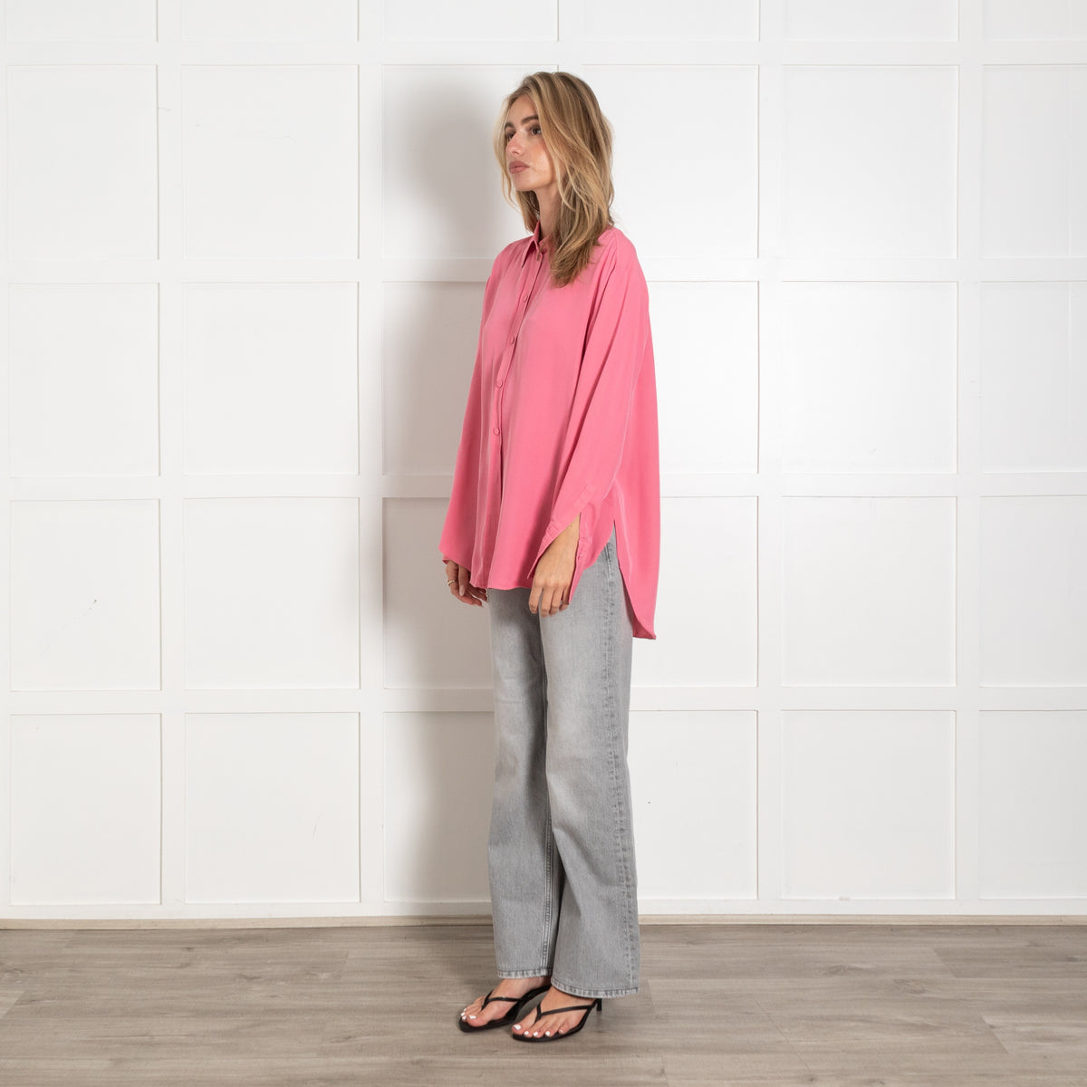 ME+Em Bright Pink Oversized Silk Button-Up Shirt - Image 3