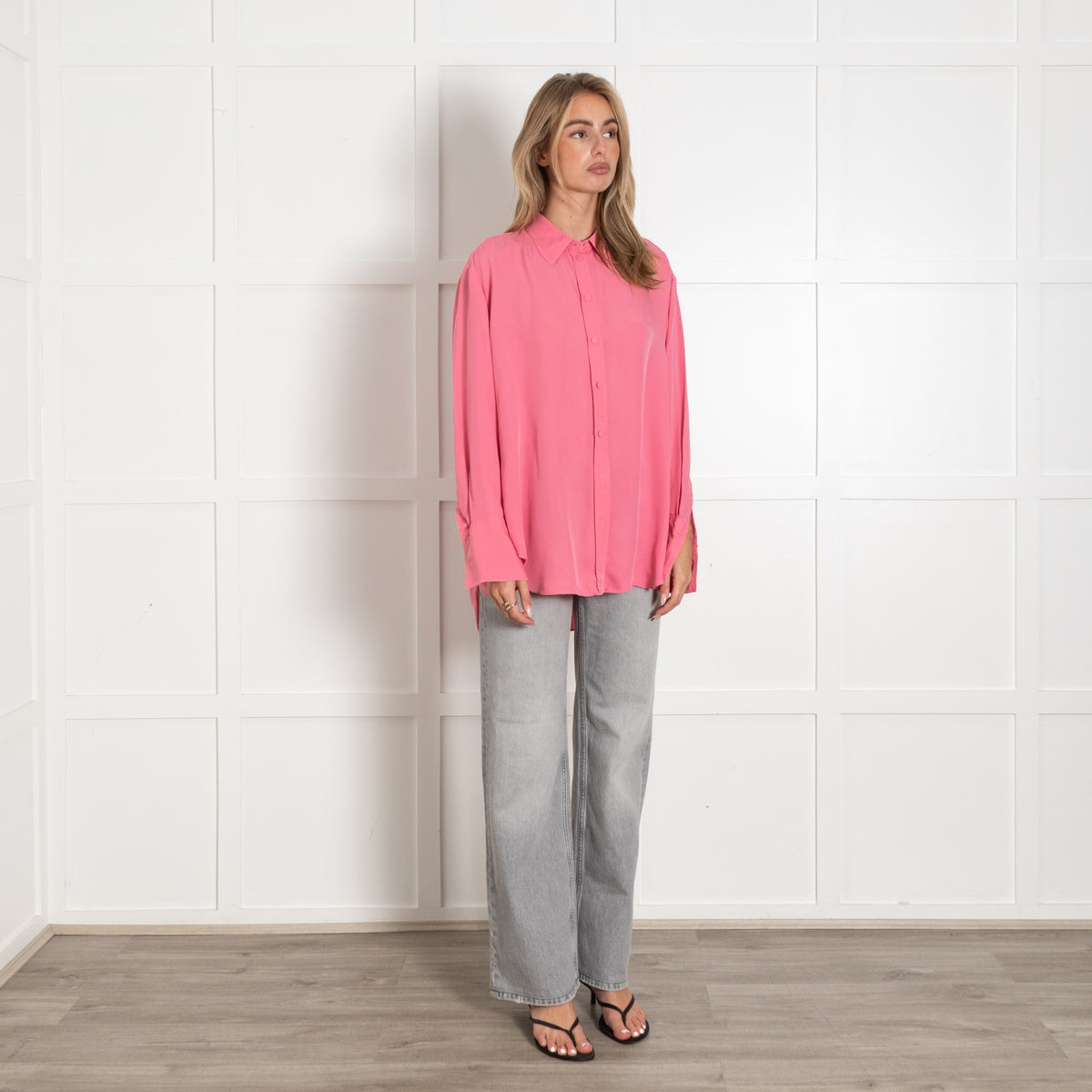 ME+Em Bright Pink Oversized Silk Button-Up Shirt - Image 7