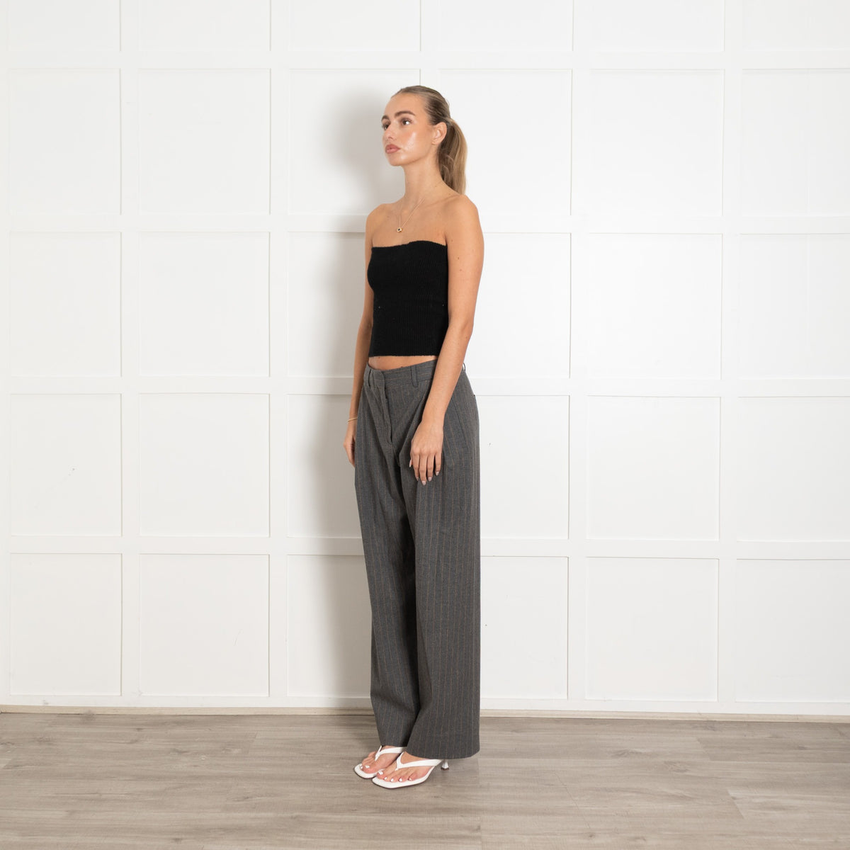 Me + Em Grey Pinstripe Pleat Front Trousers - Image 3