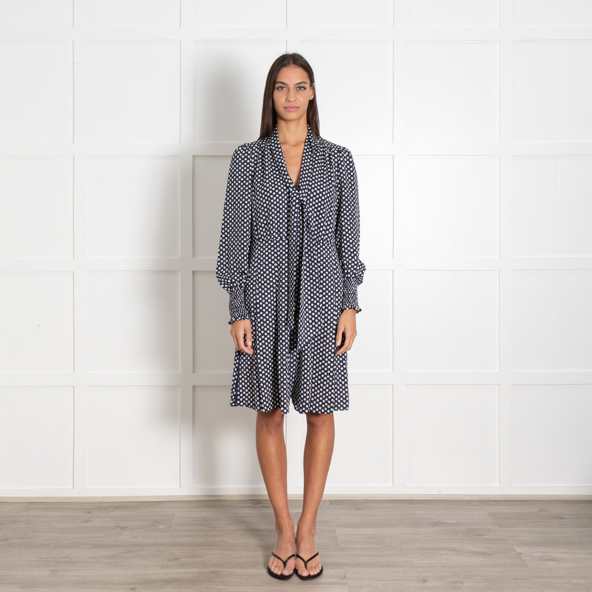 ME+EM Navy Tie Neck Floral Dress - Image 1
