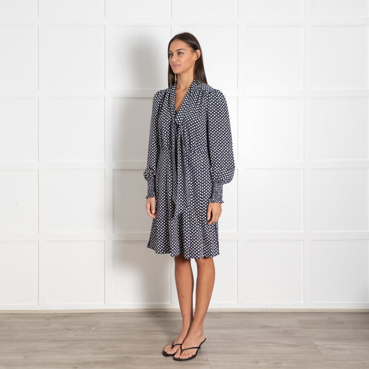 ME+EM Navy Tie Neck Floral Dress - Image 3