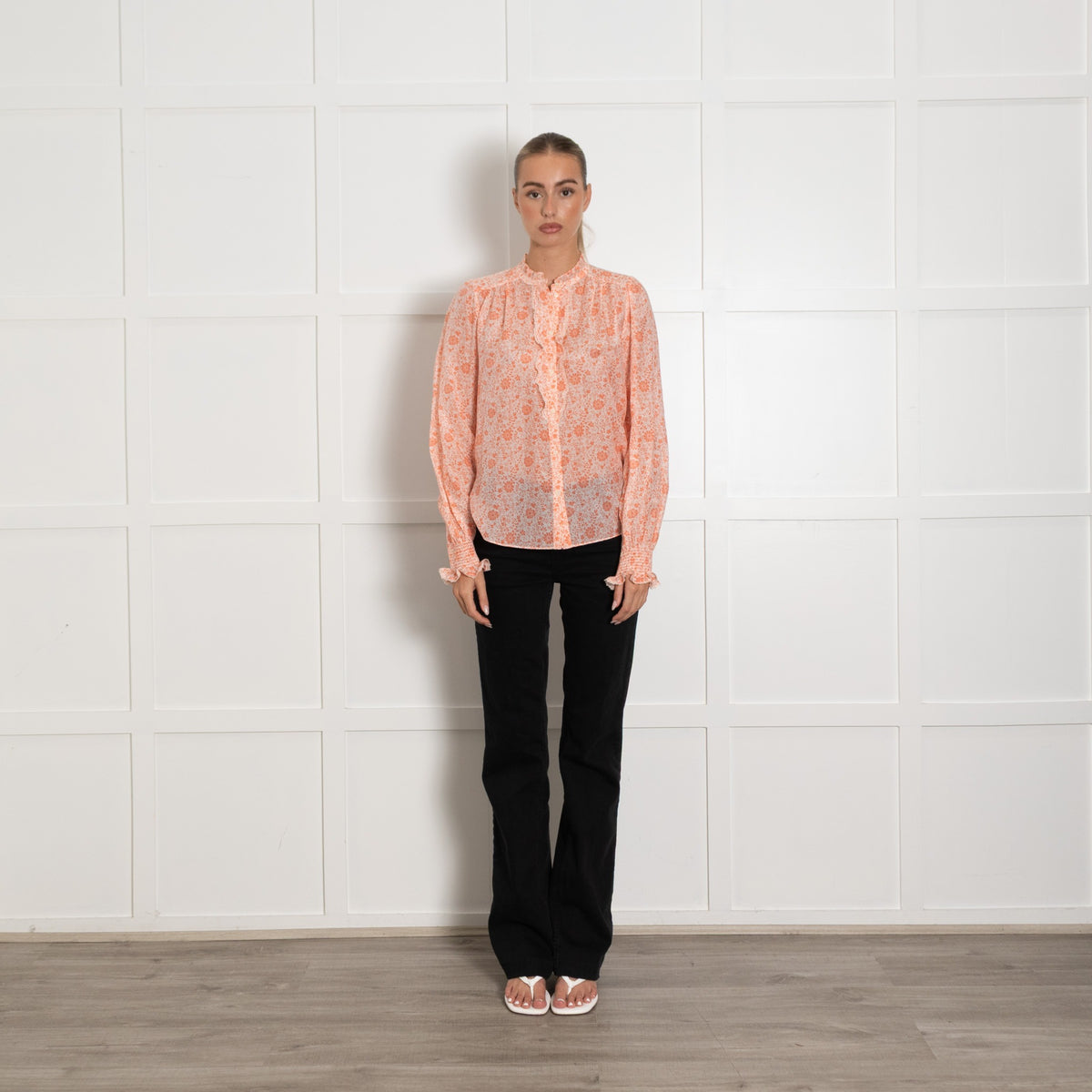 Me + Em Peach and White Floral Frill Cotton Blouse - Image 1