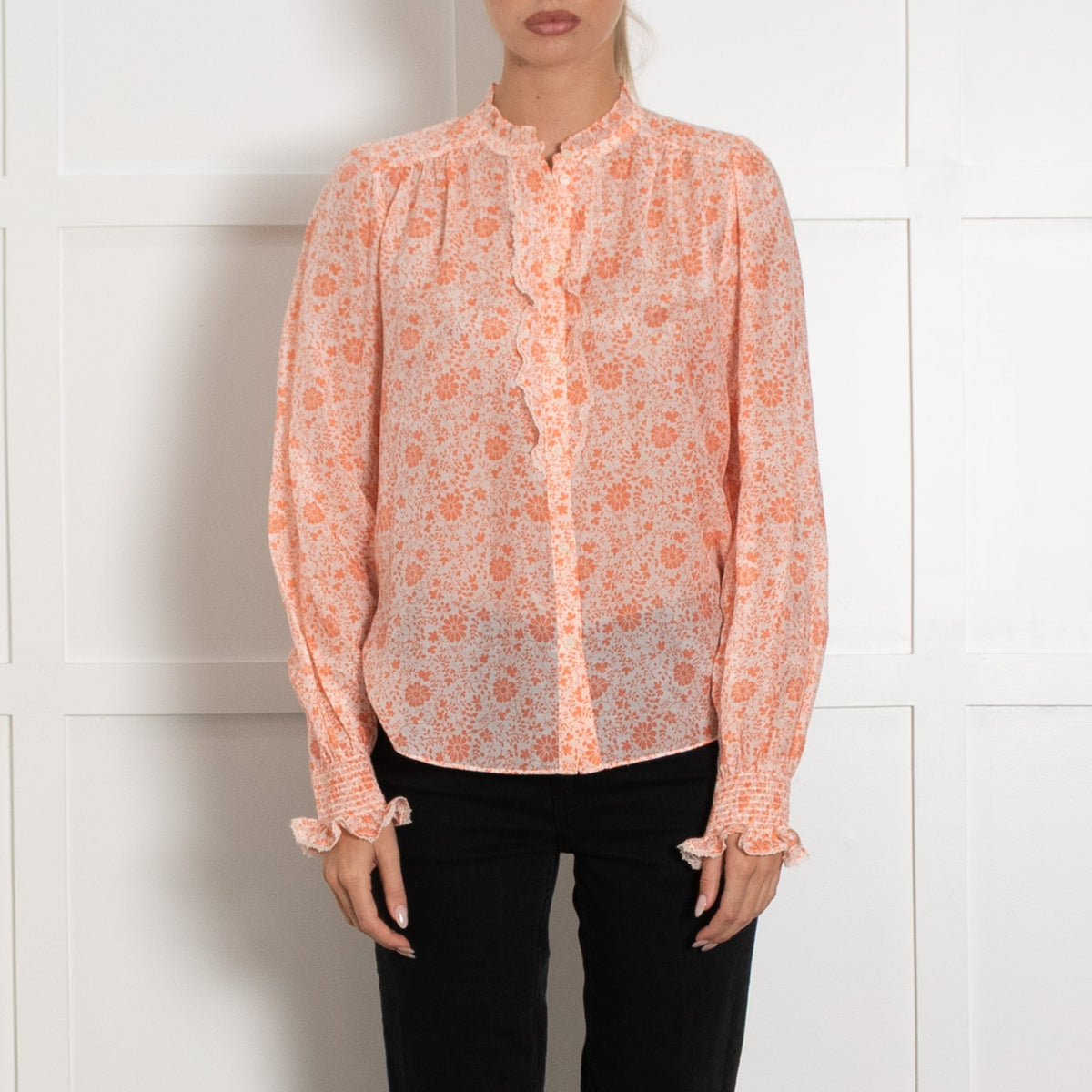 Me + Em Peach and White Floral Frill Cotton Blouse - Image 2