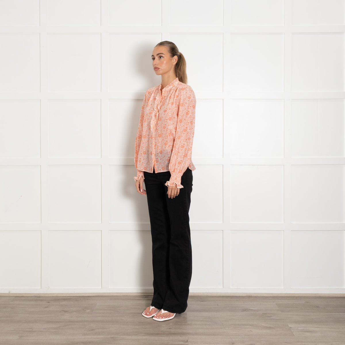 Me + Em Peach and White Floral Frill Cotton Blouse - Image 3