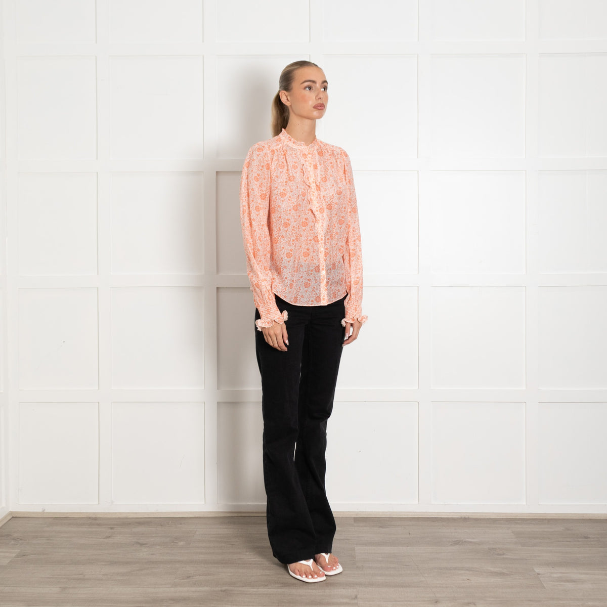 Me + Em Peach and White Floral Frill Cotton Blouse - Image 7
