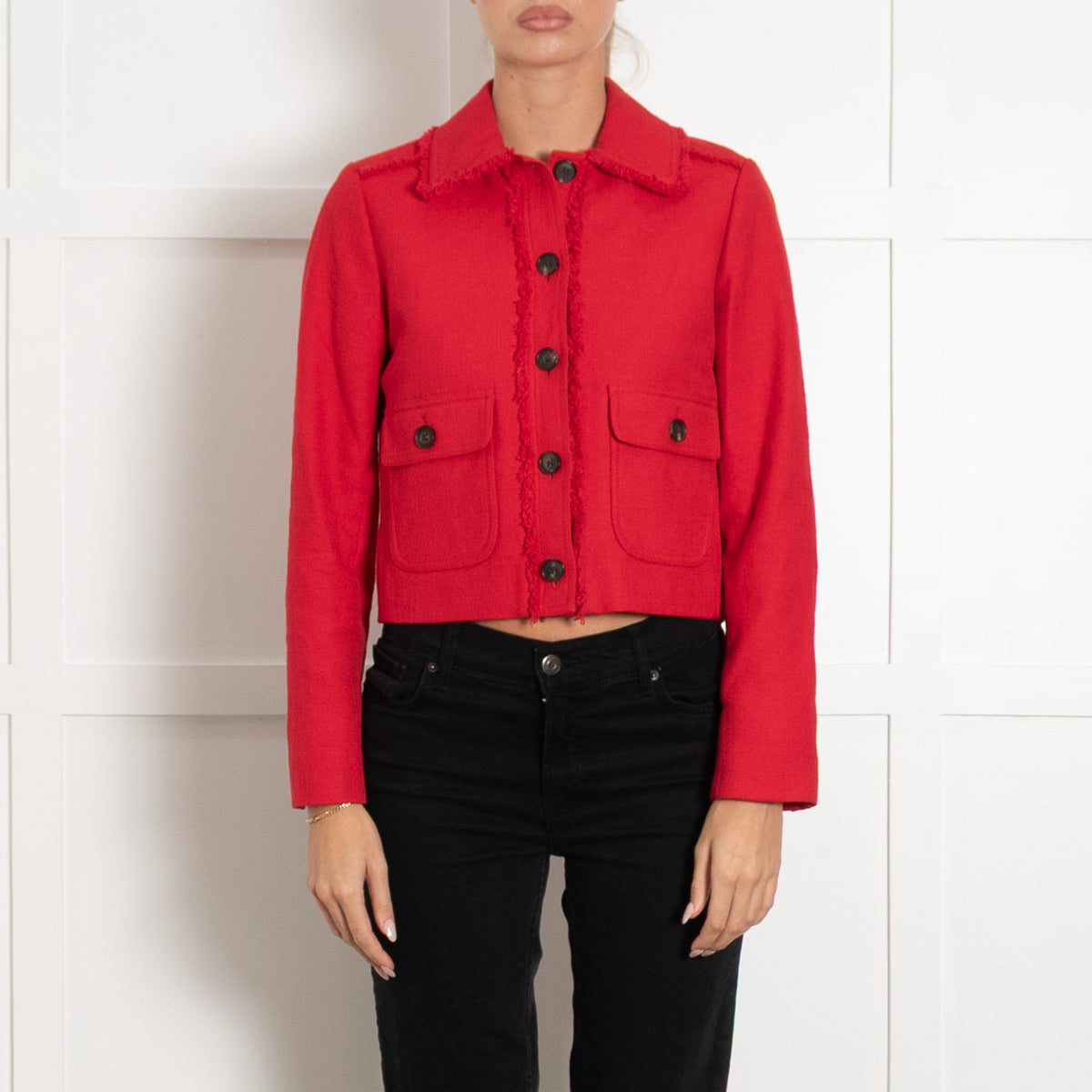 Me + Em Red Fringe Trim Cropped Jacket - Image 1