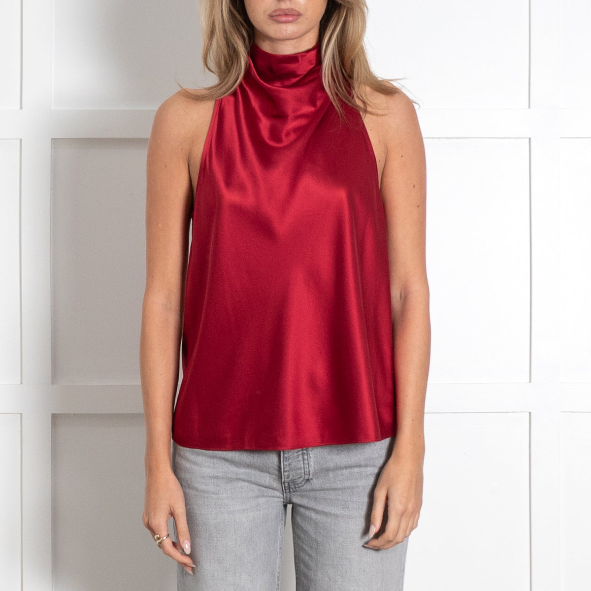 Silk Red Cowl Neck Top - Image 4