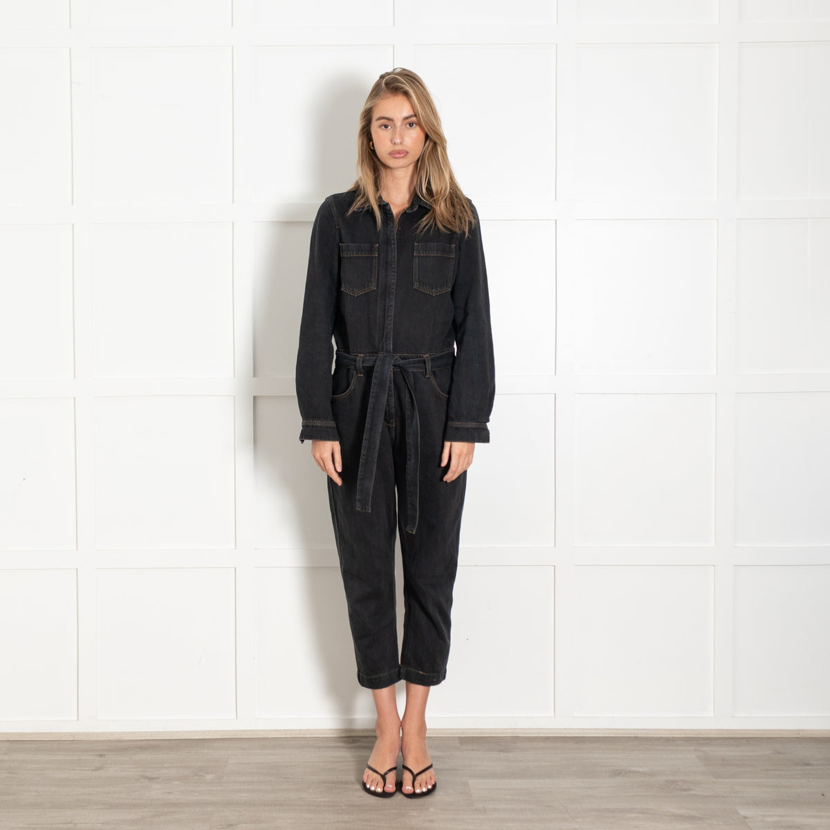 Washed Black Denim Belted Jumpsuit - Image 1