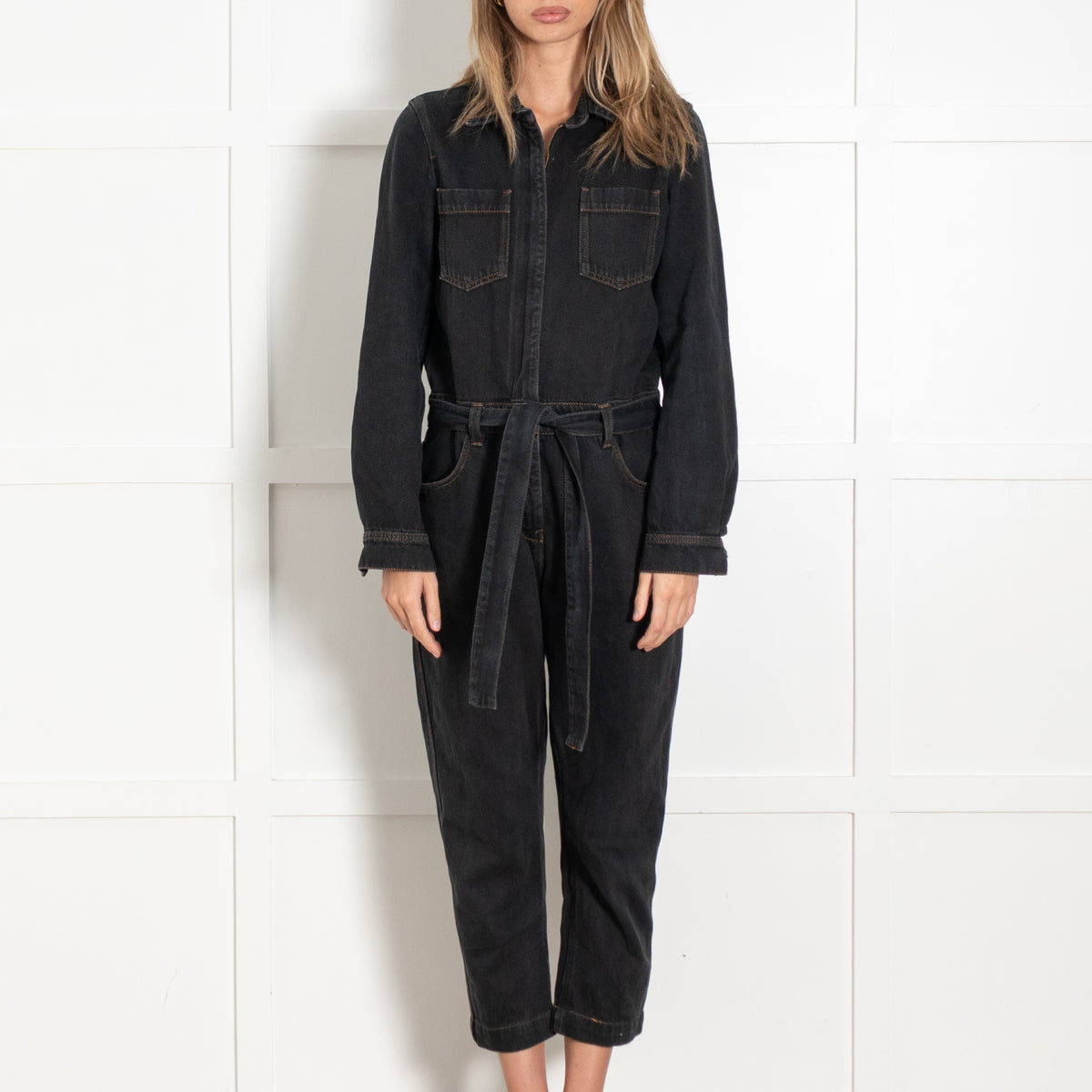 Washed Black Denim Belted Jumpsuit - Image 2