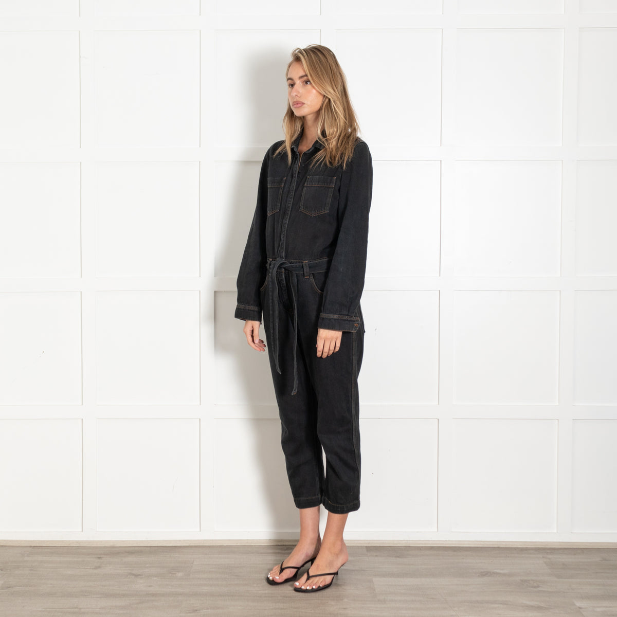 Washed Black Denim Belted Jumpsuit - Image 3