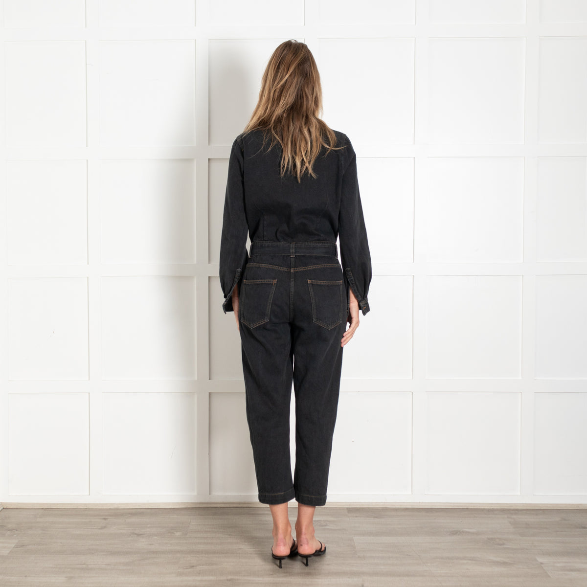 Washed Black Denim Belted Jumpsuit - Image 5