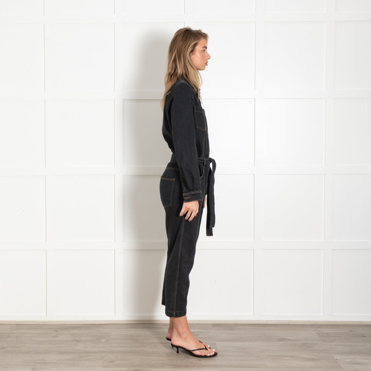 Washed Black Denim Belted Jumpsuit - Image 6