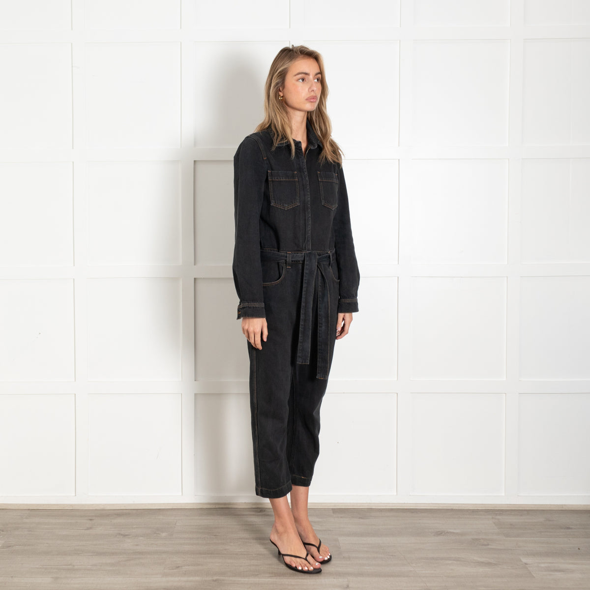 Washed Black Denim Belted Jumpsuit - Image 7