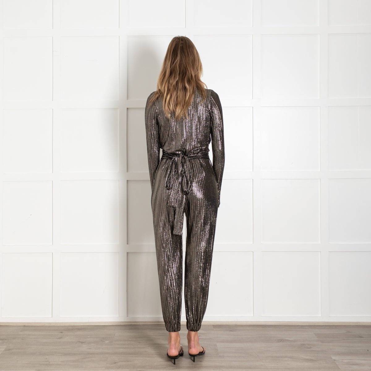 Melissa Odabash Black and Silver Textured Belted Long Sleeved Jumpsuit - Image 5